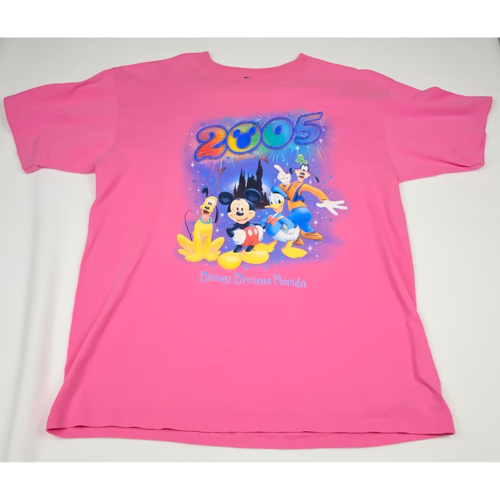 Vintage Disney 2005 Mickey Mouse Donald Goofy Florida Pink Graphic T-Shirt L